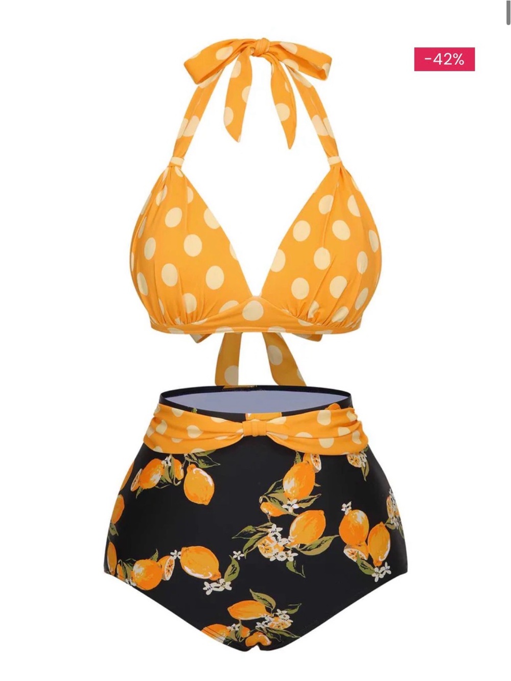 XL Retro Stage 1950S HALTER CONTRAST POLKA DOTS Lemon Print High Waisted Bikini